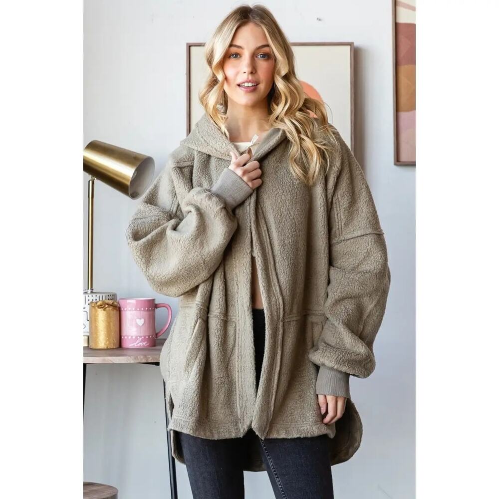 NWT Vervet Lightweight Hooded Fleece Hoodie Jacket Khaki Oversized Boho LG